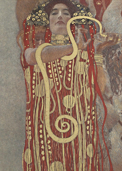 A painting by Gustav Klimt titled 'Hygeia', featuring a woman with red hair and a decorative headdress looking directly at the viewer. She is wearing an ornate red and gold patterned robe and has a large golden snake wrapped around her arms. Artwork