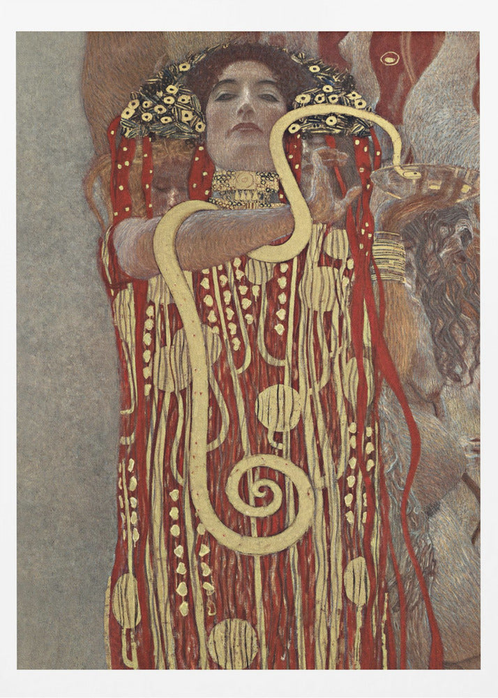 A painting by Gustav Klimt titled 'Hygeia', featuring a woman with red hair and a decorative headdress looking directly at the viewer. She is wearing an ornate red and gold patterned robe and has a large golden snake wrapped around her arms. Artwork