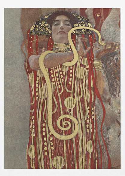 A painting by Gustav Klimt titled 'Hygeia', featuring a woman with red hair and a decorative headdress looking directly at the viewer. She is wearing an ornate red and gold patterned robe and has a large golden snake wrapped around her arms. Artwork