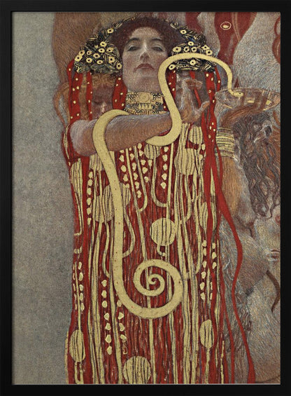 A painting by Gustav Klimt titled 'Hygeia', featuring a woman with red hair and a decorative headdress looking directly at the viewer. She is wearing an ornate red and gold patterned robe and has a large golden snake wrapped around her arms. Artwork