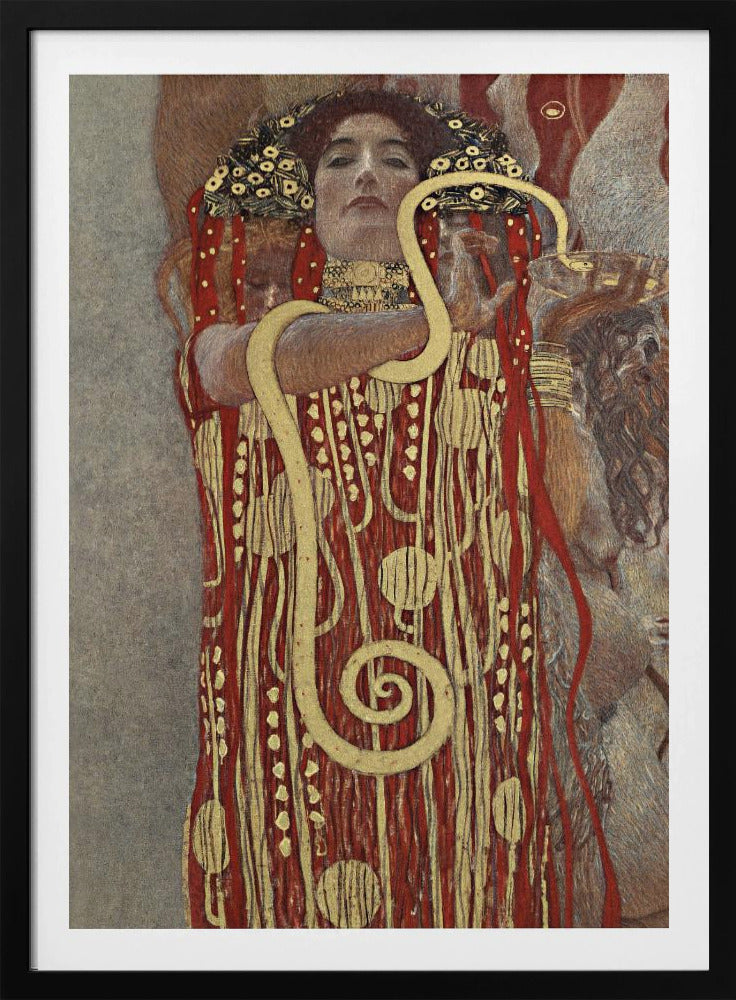 A painting by Gustav Klimt titled 'Hygeia', featuring a woman with red hair and a decorative headdress looking directly at the viewer. She is wearing an ornate red and gold patterned robe and has a large golden snake wrapped around her arms. Artwork