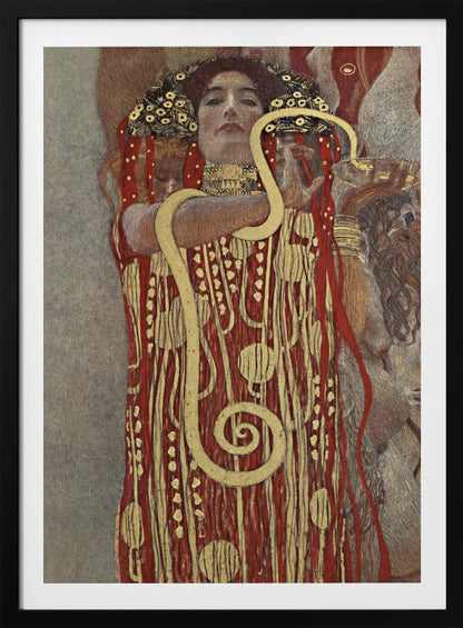 A painting by Gustav Klimt titled 'Hygeia', featuring a woman with red hair and a decorative headdress looking directly at the viewer. She is wearing an ornate red and gold patterned robe and has a large golden snake wrapped around her arms. Artwork