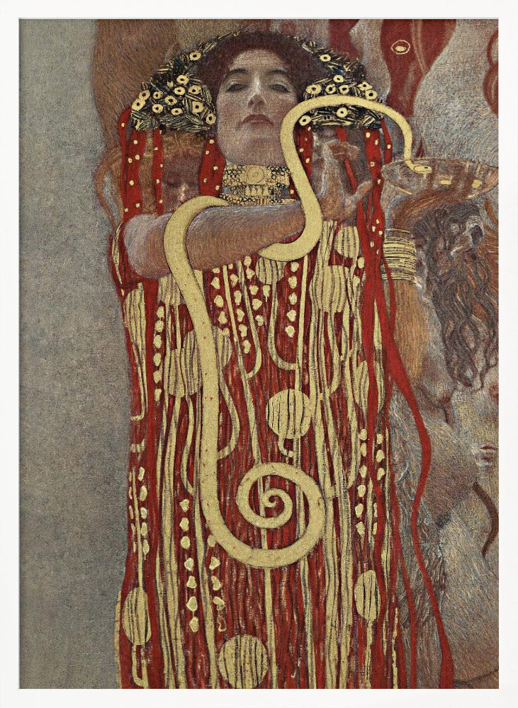 A painting by Gustav Klimt titled 'Hygeia', featuring a woman with red hair and a decorative headdress looking directly at the viewer. She is wearing an ornate red and gold patterned robe and has a large golden snake wrapped around her arms. Artwork