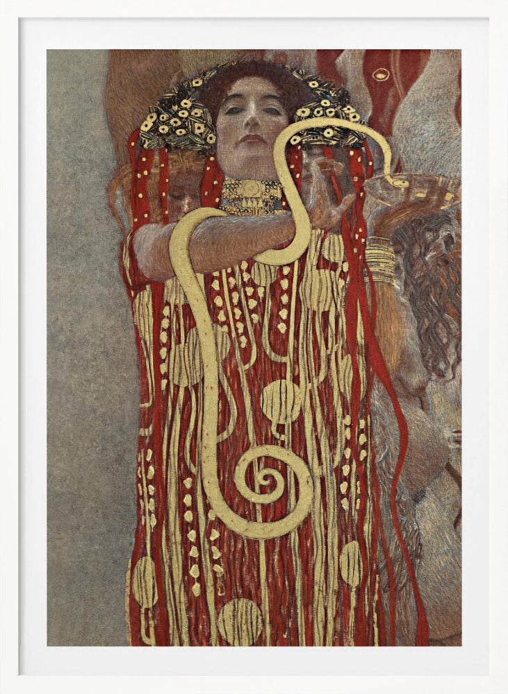 A painting by Gustav Klimt titled 'Hygeia', featuring a woman with red hair and a decorative headdress looking directly at the viewer. She is wearing an ornate red and gold patterned robe and has a large golden snake wrapped around her arms. Artwork