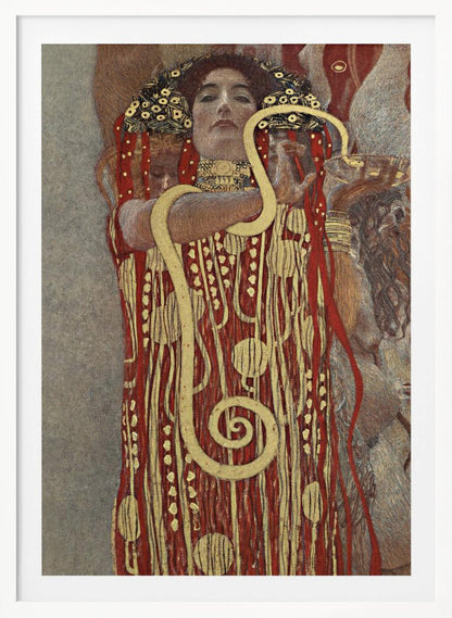 A painting by Gustav Klimt titled 'Hygeia', featuring a woman with red hair and a decorative headdress looking directly at the viewer. She is wearing an ornate red and gold patterned robe and has a large golden snake wrapped around her arms. Artwork