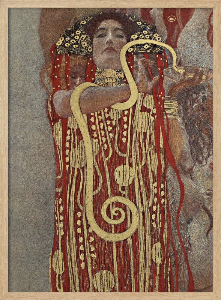 A painting by Gustav Klimt titled 'Hygeia', featuring a woman with red hair and a decorative headdress looking directly at the viewer. She is wearing an ornate red and gold patterned robe and has a large golden snake wrapped around her arms. Artwork