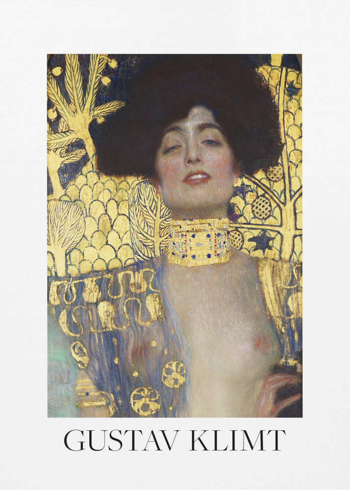 A fine art poster of Gustav Klimt's painting 'Judith and the Head of Holofernes'. The artwork depicts a woman with dark, styled hair and a sensual expression, wearing a large, ornate gold choker. Her body is partially draped in a blue and gold patterned garment, against a richly decorated gold leaf background. The poster is presented in a black frame with a white border, and the artist's name is printed at the bottom. Wall Art