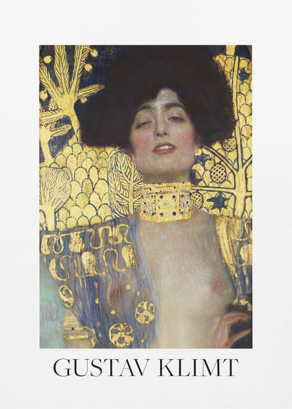 A fine art poster of Gustav Klimt's painting 'Judith and the Head of Holofernes'. The artwork depicts a woman with dark, styled hair and a sensual expression, wearing a large, ornate gold choker. Her body is partially draped in a blue and gold patterned garment, against a richly decorated gold leaf background. The poster is presented in a black frame with a white border, and the artist's name is printed at the bottom. Wall Art