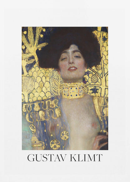 A fine art poster of Gustav Klimt's painting 'Judith and the Head of Holofernes'. The artwork depicts a woman with dark, styled hair and a sensual expression, wearing a large, ornate gold choker. Her body is partially draped in a blue and gold patterned garment, against a richly decorated gold leaf background. The poster is presented in a black frame with a white border, and the artist's name is printed at the bottom. Wall Art