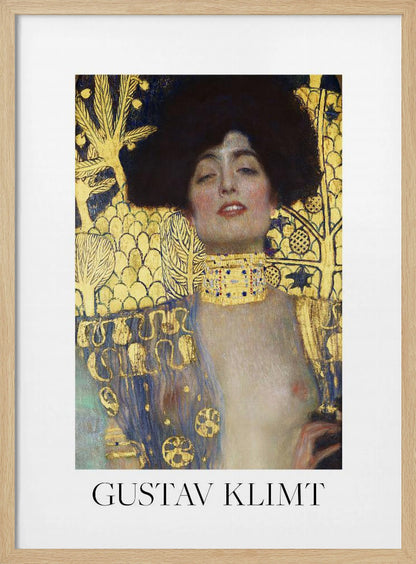 A fine art poster of Gustav Klimt's painting 'Judith and the Head of Holofernes'. The artwork depicts a woman with dark, styled hair and a sensual expression, wearing a large, ornate gold choker. Her body is partially draped in a blue and gold patterned garment, against a richly decorated gold leaf background. The poster is presented in a black frame with a white border, and the artist's name is printed at the bottom. Wall Art