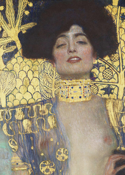 A vertical portrait painting by Gustav Klimt, 'Judith and the Head of Holofernes,' depicting a woman with voluminous dark hair and a sensual expression. She wears an elaborate gold and bejeweled choker, with a decorated blue and gold garment falling from her shoulders against a richly patterned gold leaf background. Artwork