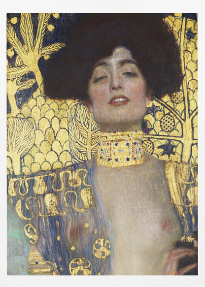 A vertical portrait painting by Gustav Klimt, 'Judith and the Head of Holofernes,' depicting a woman with voluminous dark hair and a sensual expression. She wears an elaborate gold and bejeweled choker, with a decorated blue and gold garment falling from her shoulders against a richly patterned gold leaf background. Artwork