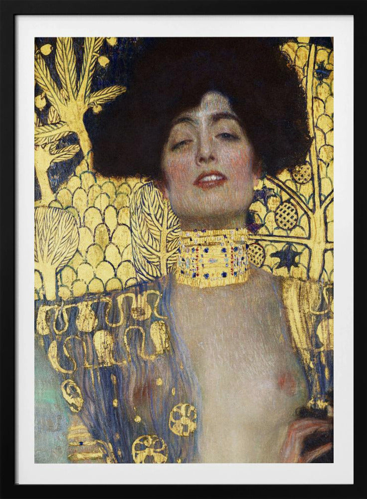 A vertical portrait painting by Gustav Klimt, 'Judith and the Head of Holofernes,' depicting a woman with voluminous dark hair and a sensual expression. She wears an elaborate gold and bejeweled choker, with a decorated blue and gold garment falling from her shoulders against a richly patterned gold leaf background. Artwork