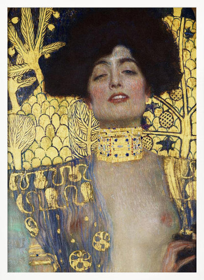 A vertical portrait painting by Gustav Klimt, 'Judith and the Head of Holofernes,' depicting a woman with voluminous dark hair and a sensual expression. She wears an elaborate gold and bejeweled choker, with a decorated blue and gold garment falling from her shoulders against a richly patterned gold leaf background. Artwork