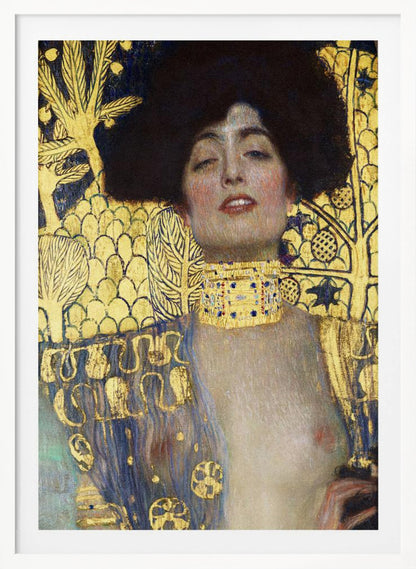 A vertical portrait painting by Gustav Klimt, 'Judith and the Head of Holofernes,' depicting a woman with voluminous dark hair and a sensual expression. She wears an elaborate gold and bejeweled choker, with a decorated blue and gold garment falling from her shoulders against a richly patterned gold leaf background. Artwork