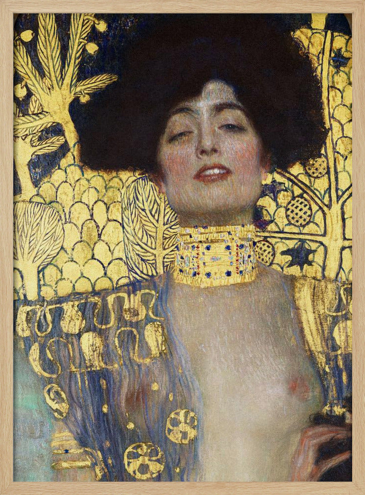 A vertical portrait painting by Gustav Klimt, 'Judith and the Head of Holofernes,' depicting a woman with voluminous dark hair and a sensual expression. She wears an elaborate gold and bejeweled choker, with a decorated blue and gold garment falling from her shoulders against a richly patterned gold leaf background. Artwork