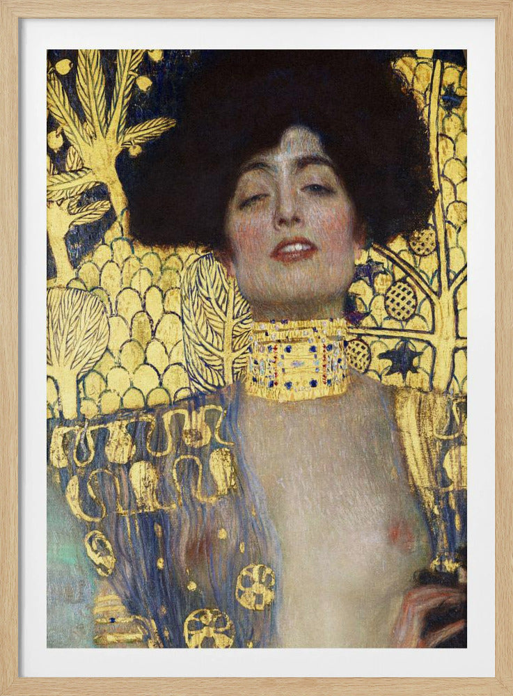 A vertical portrait painting by Gustav Klimt, 'Judith and the Head of Holofernes,' depicting a woman with voluminous dark hair and a sensual expression. She wears an elaborate gold and bejeweled choker, with a decorated blue and gold garment falling from her shoulders against a richly patterned gold leaf background. Artwork