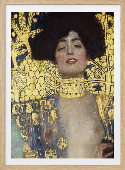 A vertical portrait painting by Gustav Klimt, 'Judith and the Head of Holofernes,' depicting a woman with voluminous dark hair and a sensual expression. She wears an elaborate gold and bejeweled choker, with a decorated blue and gold garment falling from her shoulders against a richly patterned gold leaf background. Artwork