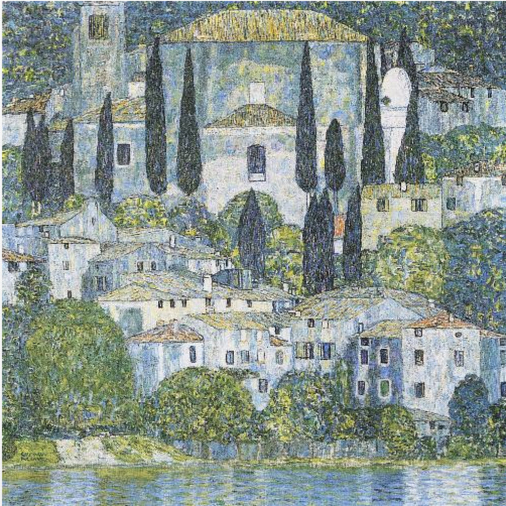 A framed art print of Gustav Klimt's 'Church in Cassone,' featuring a dense, colorful depiction of a hillside village by a lake. The scene is filled with white-walled houses, tall cypress trees, and lush greenery, all painted in a distinctive, textured, mosaic-like style with dominant blues, greens, and yellows. Decor