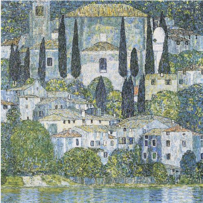 A framed art print of Gustav Klimt's 'Church in Cassone,' featuring a dense, colorful depiction of a hillside village by a lake. The scene is filled with white-walled houses, tall cypress trees, and lush greenery, all painted in a distinctive, textured, mosaic-like style with dominant blues, greens, and yellows. Decor