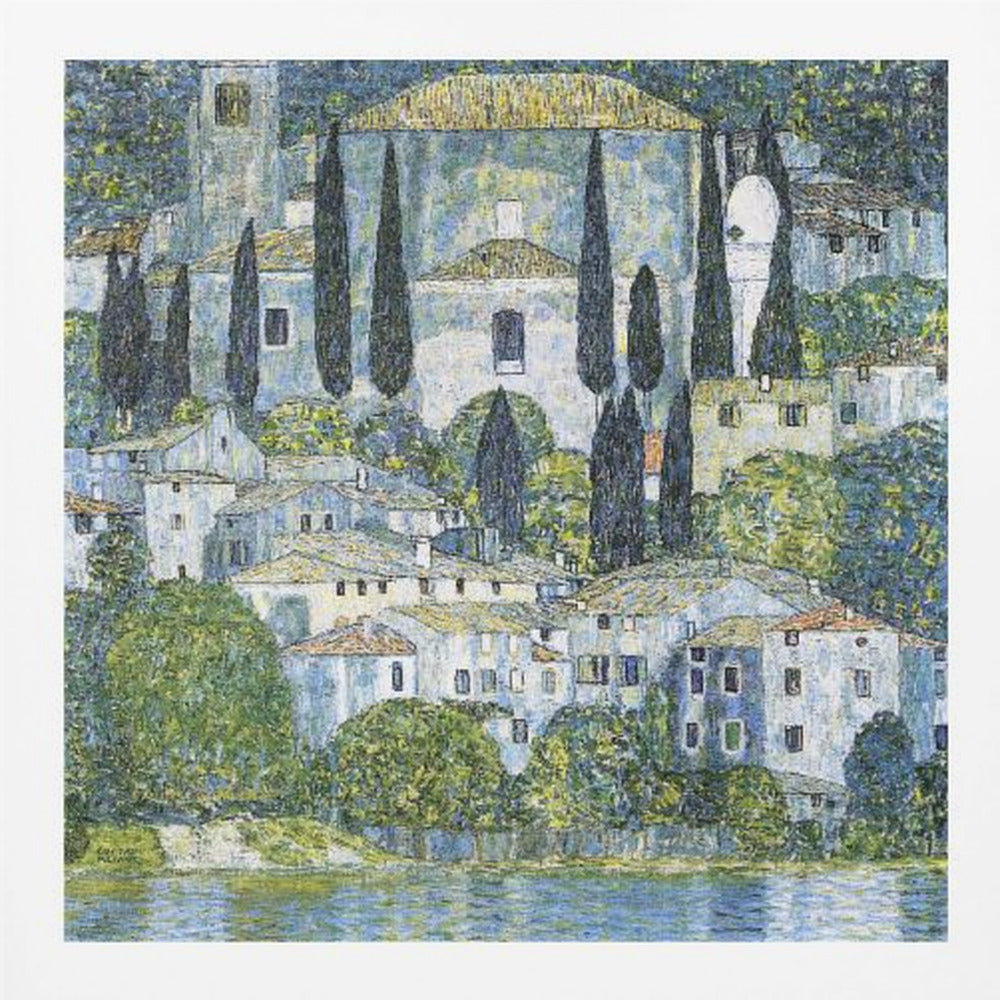 A framed art print of Gustav Klimt's 'Church in Cassone,' featuring a dense, colorful depiction of a hillside village by a lake. The scene is filled with white-walled houses, tall cypress trees, and lush greenery, all painted in a distinctive, textured, mosaic-like style with dominant blues, greens, and yellows. Decor