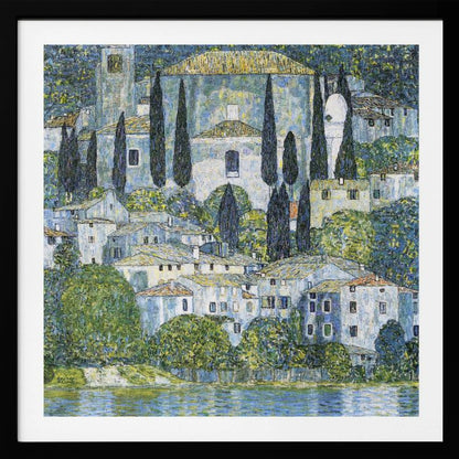 A framed art print of Gustav Klimt's 'Church in Cassone,' featuring a dense, colorful depiction of a hillside village by a lake. The scene is filled with white-walled houses, tall cypress trees, and lush greenery, all painted in a distinctive, textured, mosaic-like style with dominant blues, greens, and yellows. Decor
