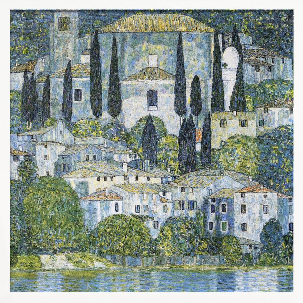 A framed art print of Gustav Klimt's 'Church in Cassone,' featuring a dense, colorful depiction of a hillside village by a lake. The scene is filled with white-walled houses, tall cypress trees, and lush greenery, all painted in a distinctive, textured, mosaic-like style with dominant blues, greens, and yellows. Decor
