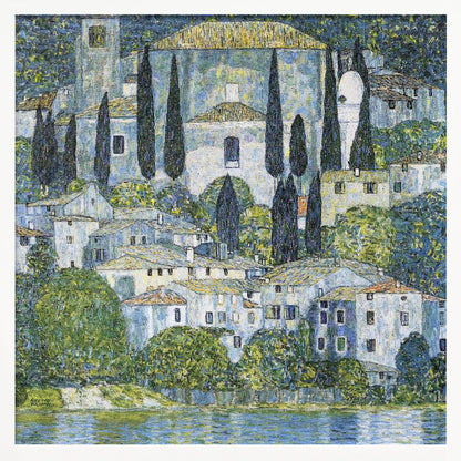 A framed art print of Gustav Klimt's 'Church in Cassone,' featuring a dense, colorful depiction of a hillside village by a lake. The scene is filled with white-walled houses, tall cypress trees, and lush greenery, all painted in a distinctive, textured, mosaic-like style with dominant blues, greens, and yellows. Decor