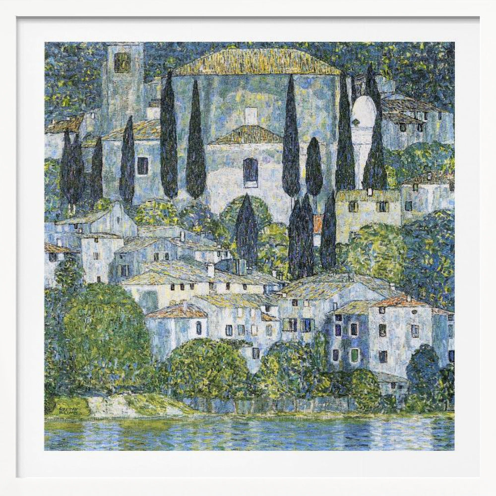 A framed art print of Gustav Klimt's 'Church in Cassone,' featuring a dense, colorful depiction of a hillside village by a lake. The scene is filled with white-walled houses, tall cypress trees, and lush greenery, all painted in a distinctive, textured, mosaic-like style with dominant blues, greens, and yellows. Decor