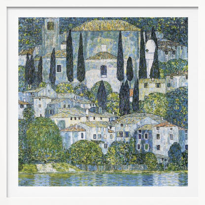 A framed art print of Gustav Klimt's 'Church in Cassone,' featuring a dense, colorful depiction of a hillside village by a lake. The scene is filled with white-walled houses, tall cypress trees, and lush greenery, all painted in a distinctive, textured, mosaic-like style with dominant blues, greens, and yellows. Decor