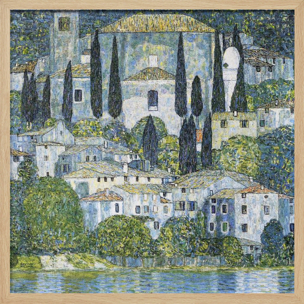 A framed art print of Gustav Klimt's 'Church in Cassone,' featuring a dense, colorful depiction of a hillside village by a lake. The scene is filled with white-walled houses, tall cypress trees, and lush greenery, all painted in a distinctive, textured, mosaic-like style with dominant blues, greens, and yellows. Decor