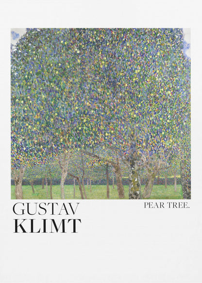A framed art print of Gustav Klimt's 'Pear Tree.' The painting features a dense canopy of a pear tree, rendered in a pointillist style with a mosaic of green, blue, and yellow dots. Below the main tree, a grassy orchard with more tree trunks is visible. The artwork is set on a white background with 'GUSTAV KLIMT' printed in large black letters on the left and 'PEAR TREE.' on the right. Artwork