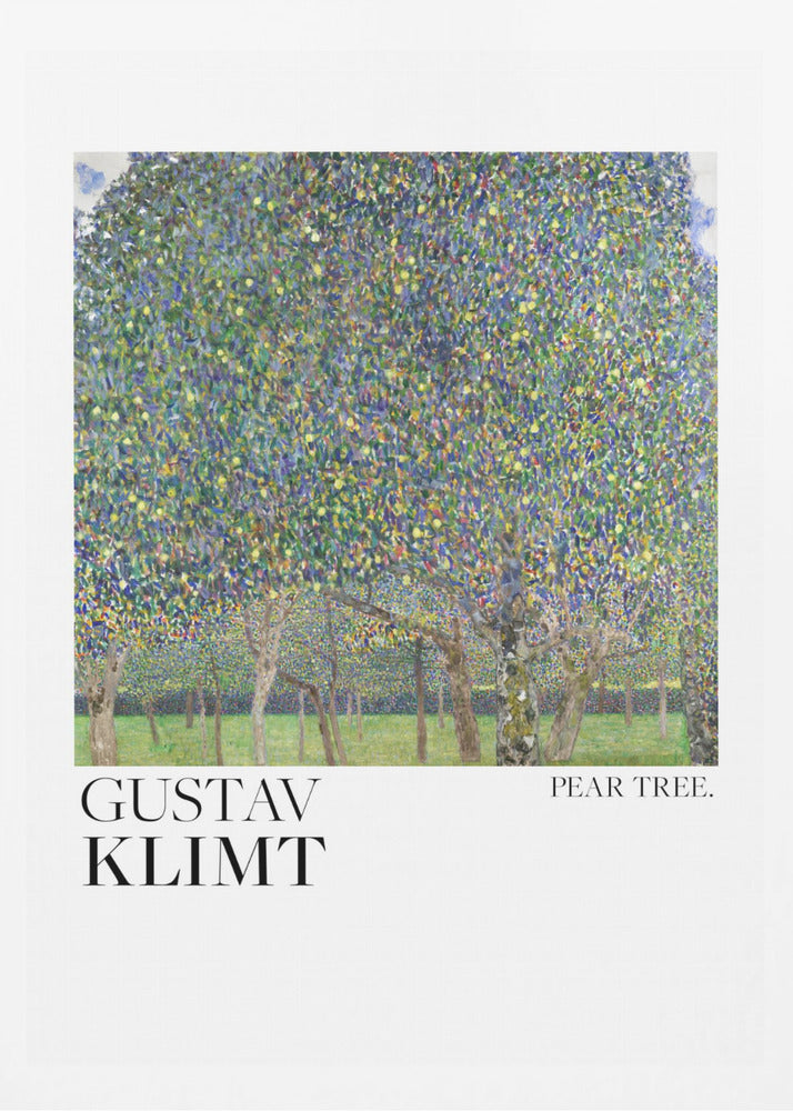 A framed art print of Gustav Klimt's 'Pear Tree.' The painting features a dense canopy of a pear tree, rendered in a pointillist style with a mosaic of green, blue, and yellow dots. Below the main tree, a grassy orchard with more tree trunks is visible. The artwork is set on a white background with 'GUSTAV KLIMT' printed in large black letters on the left and 'PEAR TREE.' on the right. Artwork