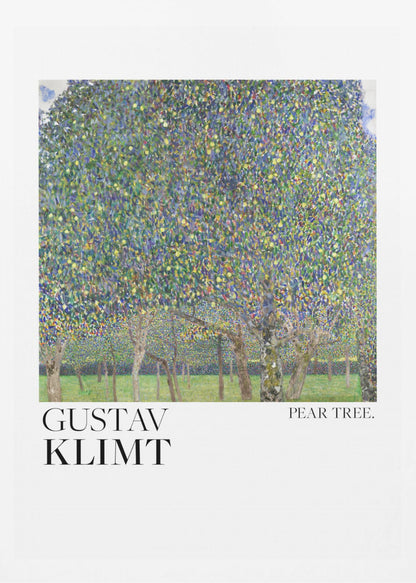 A framed art print of Gustav Klimt's 'Pear Tree.' The painting features a dense canopy of a pear tree, rendered in a pointillist style with a mosaic of green, blue, and yellow dots. Below the main tree, a grassy orchard with more tree trunks is visible. The artwork is set on a white background with 'GUSTAV KLIMT' printed in large black letters on the left and 'PEAR TREE.' on the right. Artwork