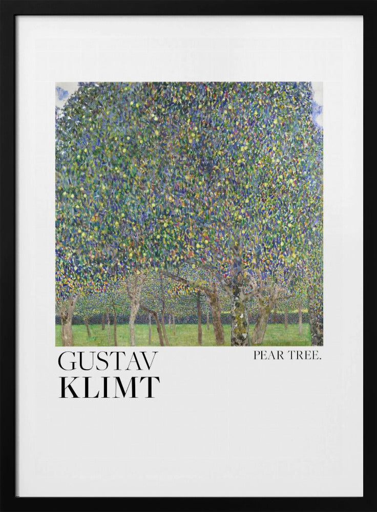 A framed art print of Gustav Klimt's 'Pear Tree.' The painting features a dense canopy of a pear tree, rendered in a pointillist style with a mosaic of green, blue, and yellow dots. Below the main tree, a grassy orchard with more tree trunks is visible. The artwork is set on a white background with 'GUSTAV KLIMT' printed in large black letters on the left and 'PEAR TREE.' on the right. Artwork