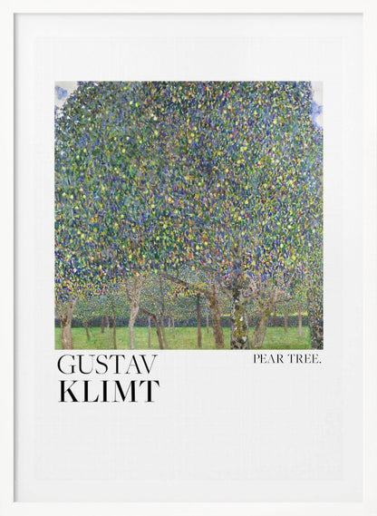 A framed art print of Gustav Klimt's 'Pear Tree.' The painting features a dense canopy of a pear tree, rendered in a pointillist style with a mosaic of green, blue, and yellow dots. Below the main tree, a grassy orchard with more tree trunks is visible. The artwork is set on a white background with 'GUSTAV KLIMT' printed in large black letters on the left and 'PEAR TREE.' on the right. Artwork