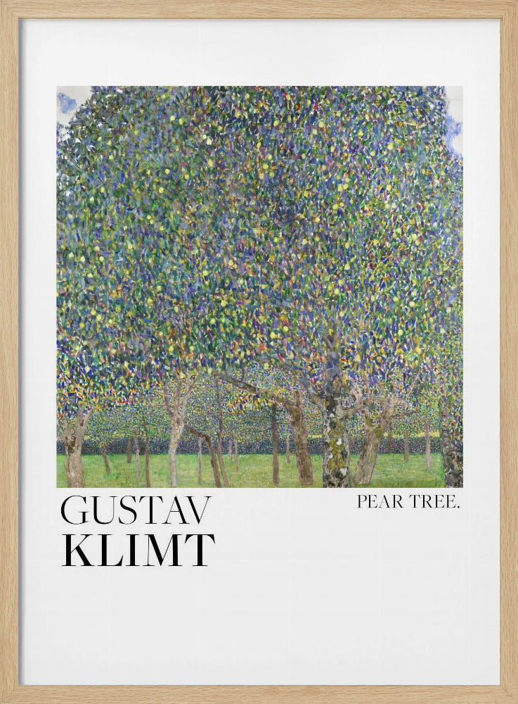A framed art print of Gustav Klimt's 'Pear Tree.' The painting features a dense canopy of a pear tree, rendered in a pointillist style with a mosaic of green, blue, and yellow dots. Below the main tree, a grassy orchard with more tree trunks is visible. The artwork is set on a white background with 'GUSTAV KLIMT' printed in large black letters on the left and 'PEAR TREE.' on the right. Artwork
