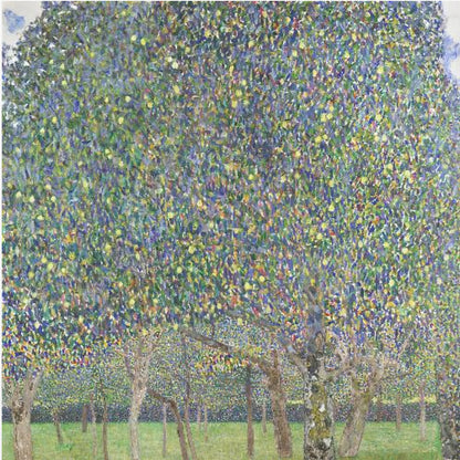 An impressionistic painting by Gustav Klimt of a pear tree orchard. The leaves of the trees are a dense mosaic of green, blue, and yellow brushstrokes, almost completely filling the upper part of the canvas. Below the vibrant canopy, the tree trunks stand on a bright green lawn. Print