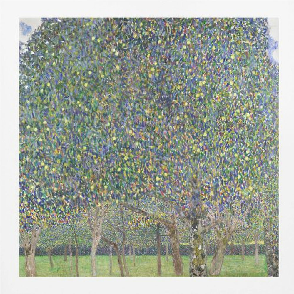 An impressionistic painting by Gustav Klimt of a pear tree orchard. The leaves of the trees are a dense mosaic of green, blue, and yellow brushstrokes, almost completely filling the upper part of the canvas. Below the vibrant canopy, the tree trunks stand on a bright green lawn. Print