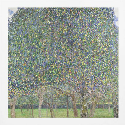 An impressionistic painting by Gustav Klimt of a pear tree orchard. The leaves of the trees are a dense mosaic of green, blue, and yellow brushstrokes, almost completely filling the upper part of the canvas. Below the vibrant canopy, the tree trunks stand on a bright green lawn. Print