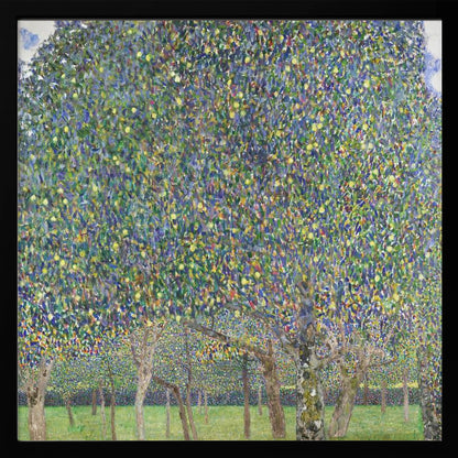 An impressionistic painting by Gustav Klimt of a pear tree orchard. The leaves of the trees are a dense mosaic of green, blue, and yellow brushstrokes, almost completely filling the upper part of the canvas. Below the vibrant canopy, the tree trunks stand on a bright green lawn. Print
