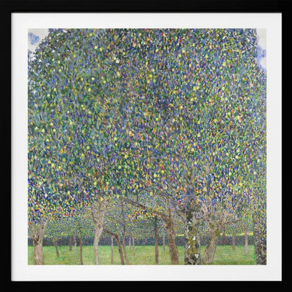 An impressionistic painting by Gustav Klimt of a pear tree orchard. The leaves of the trees are a dense mosaic of green, blue, and yellow brushstrokes, almost completely filling the upper part of the canvas. Below the vibrant canopy, the tree trunks stand on a bright green lawn. Print