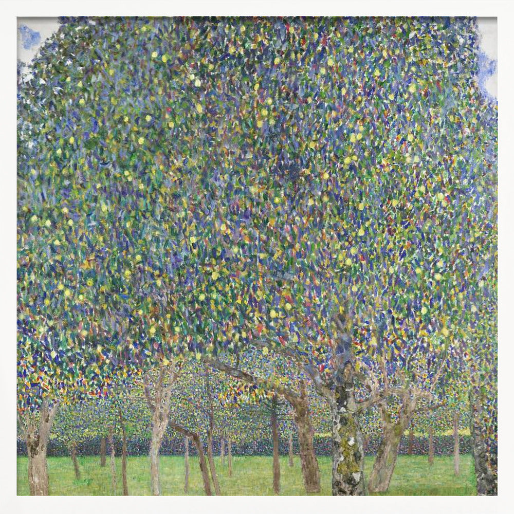An impressionistic painting by Gustav Klimt of a pear tree orchard. The leaves of the trees are a dense mosaic of green, blue, and yellow brushstrokes, almost completely filling the upper part of the canvas. Below the vibrant canopy, the tree trunks stand on a bright green lawn. Print