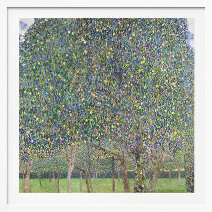 An impressionistic painting by Gustav Klimt of a pear tree orchard. The leaves of the trees are a dense mosaic of green, blue, and yellow brushstrokes, almost completely filling the upper part of the canvas. Below the vibrant canopy, the tree trunks stand on a bright green lawn. Print