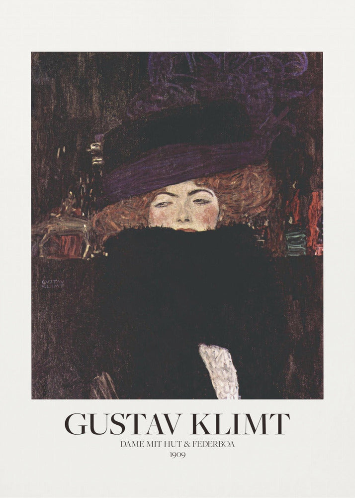A framed art print of Gustav Klimt's 1909 painting, 'Lady with Hat and Feather Boa'. It features a portrait of a woman with auburn hair, a large purple hat, and a black feather boa obscuring her mouth, set against a dark, textured background. Poster