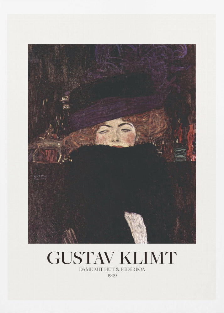A framed art print of Gustav Klimt's 1909 painting, 'Lady with Hat and Feather Boa'. It features a portrait of a woman with auburn hair, a large purple hat, and a black feather boa obscuring her mouth, set against a dark, textured background. Poster