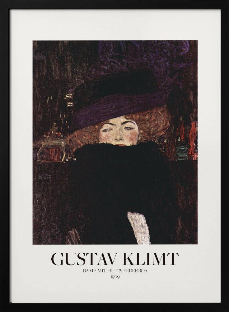 A framed art print of Gustav Klimt's 1909 painting, 'Lady with Hat and Feather Boa'. It features a portrait of a woman with auburn hair, a large purple hat, and a black feather boa obscuring her mouth, set against a dark, textured background. Poster