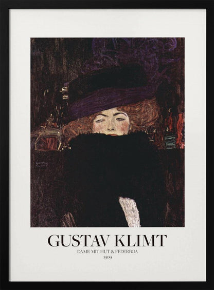 A framed art print of Gustav Klimt's 1909 painting, 'Lady with Hat and Feather Boa'. It features a portrait of a woman with auburn hair, a large purple hat, and a black feather boa obscuring her mouth, set against a dark, textured background. Poster