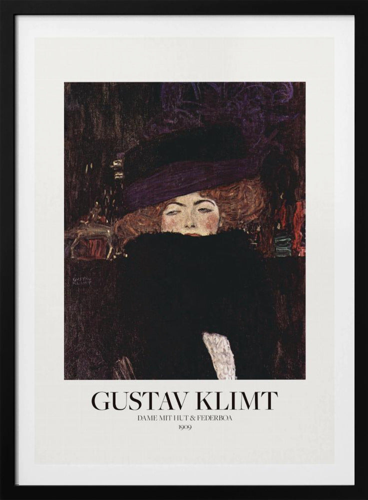 A framed art print of Gustav Klimt's 1909 painting, 'Lady with Hat and Feather Boa'. It features a portrait of a woman with auburn hair, a large purple hat, and a black feather boa obscuring her mouth, set against a dark, textured background. Poster