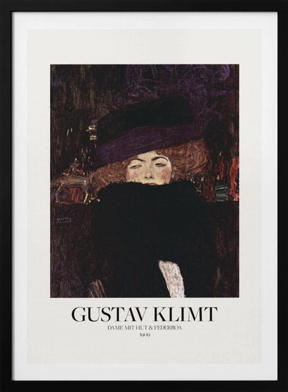 A framed art print of Gustav Klimt's 1909 painting, 'Lady with Hat and Feather Boa'. It features a portrait of a woman with auburn hair, a large purple hat, and a black feather boa obscuring her mouth, set against a dark, textured background. Poster